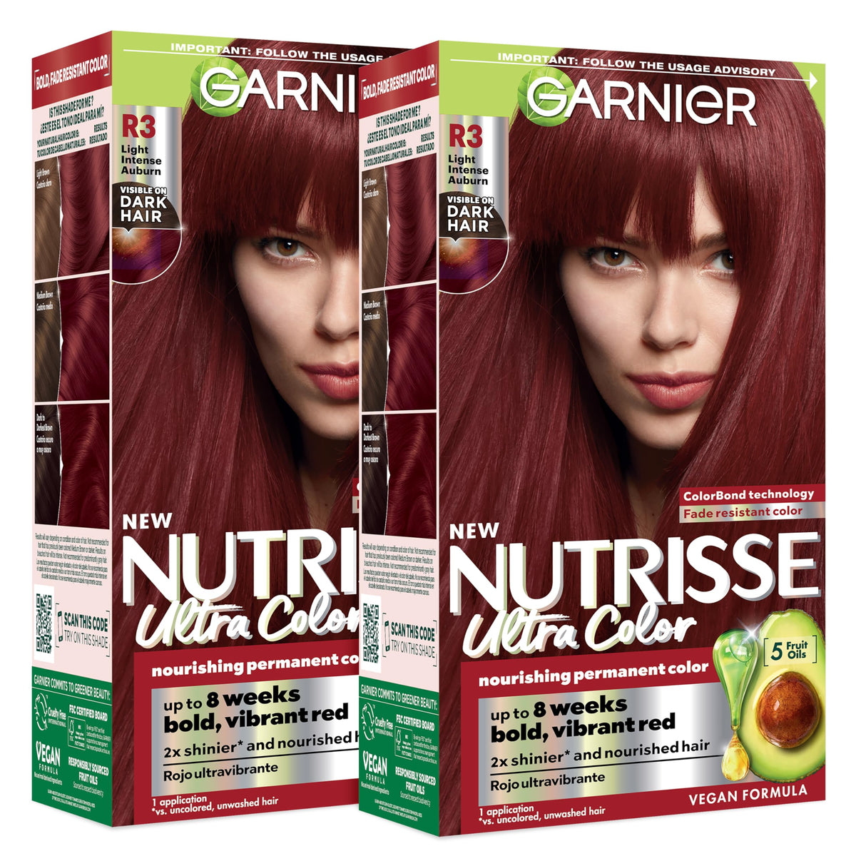 Garnier Nutrisse front packaging showing R3 auburn and benefits