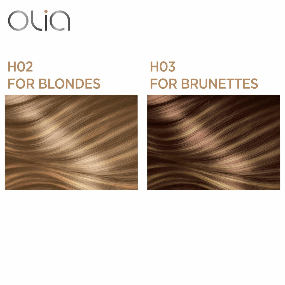 Garnier Olia before and after highlights showing natural multidimensional results