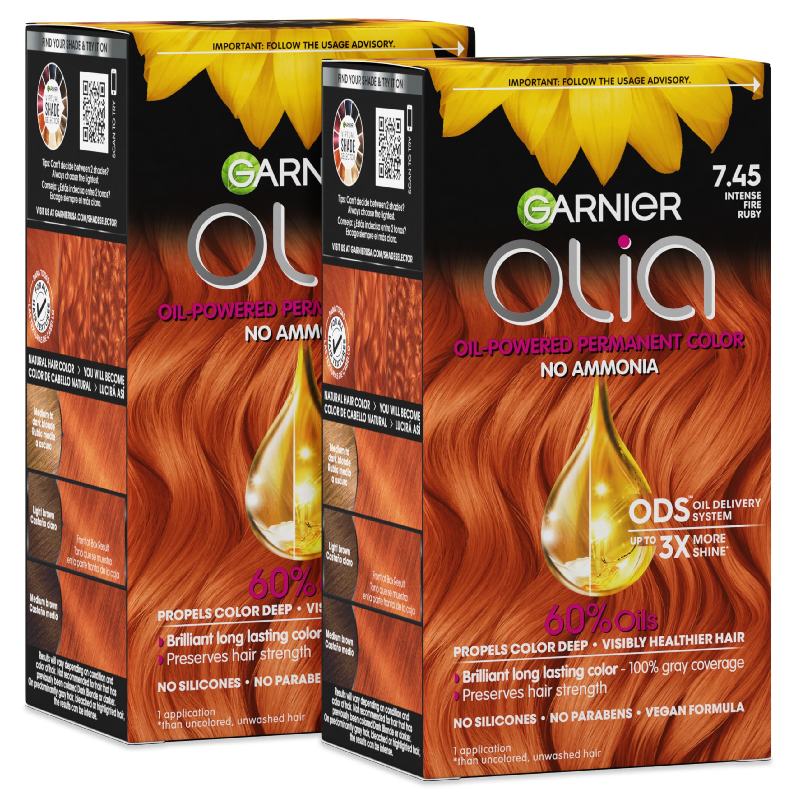 Garnier Olia front box shows intense fire ruby color and benefits
