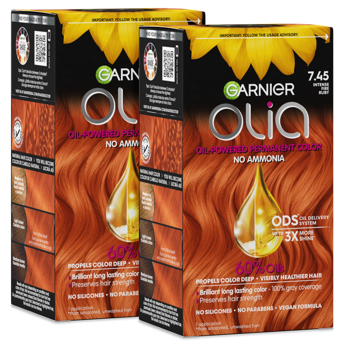 Garnier Olia front box shows intense fire ruby color and benefits