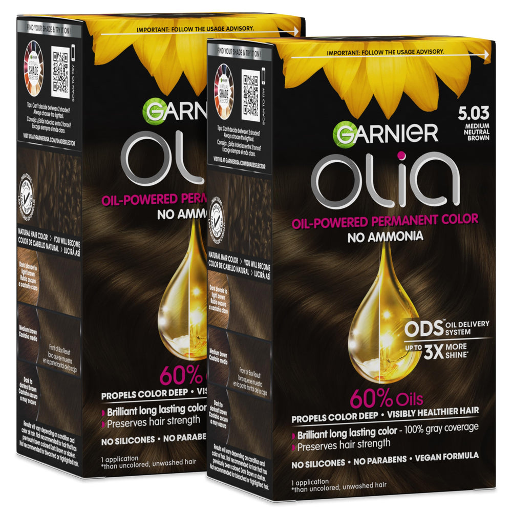 Garnier Olia front box showcasing shade 5.03 and benefit of rich color