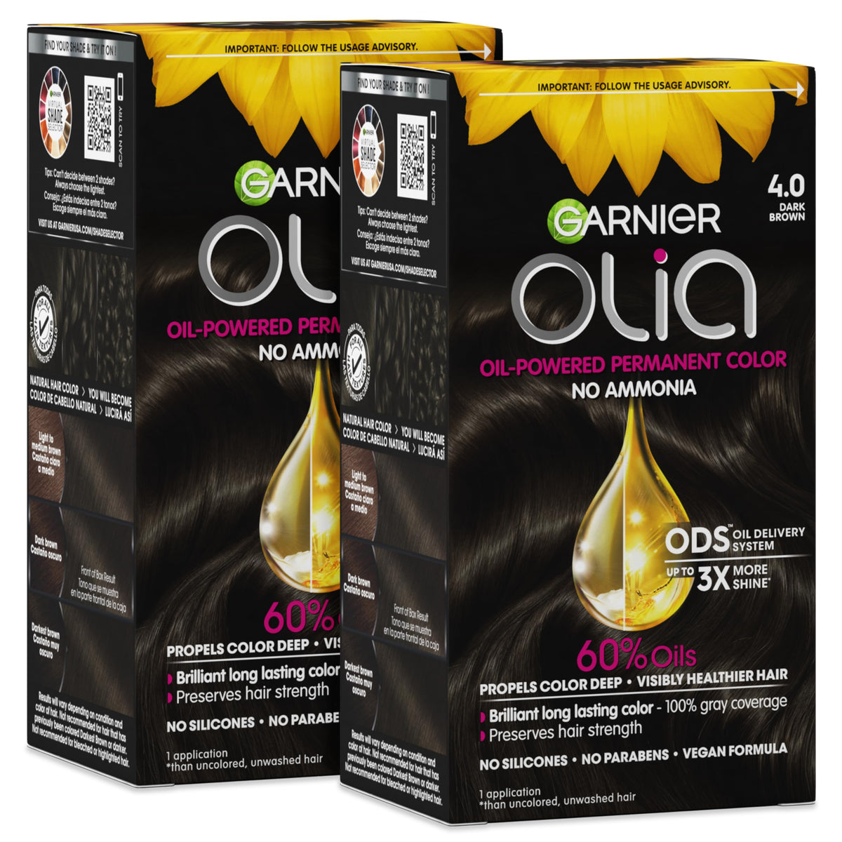 Garnier Olia front box showing shade and benefits for easy selection