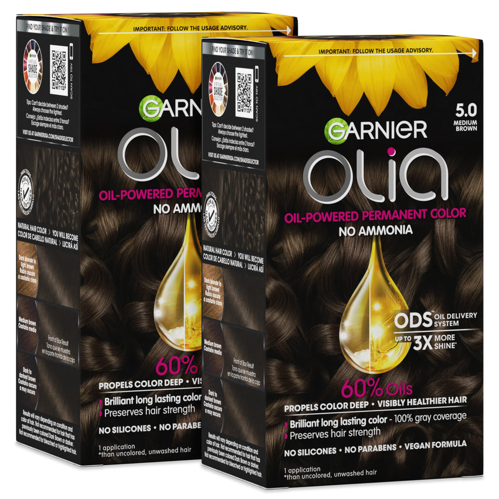 Garnier Olia front box showing medium brown shade and oil-powered benefit