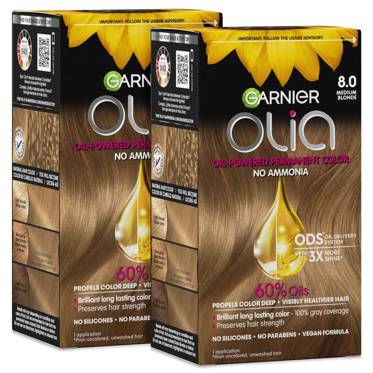 Garnier Olia front packaging showing medium blonde shade and benefits