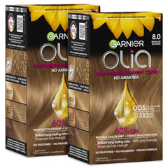 Garnier Olia front packaging showing medium blonde shade and benefits