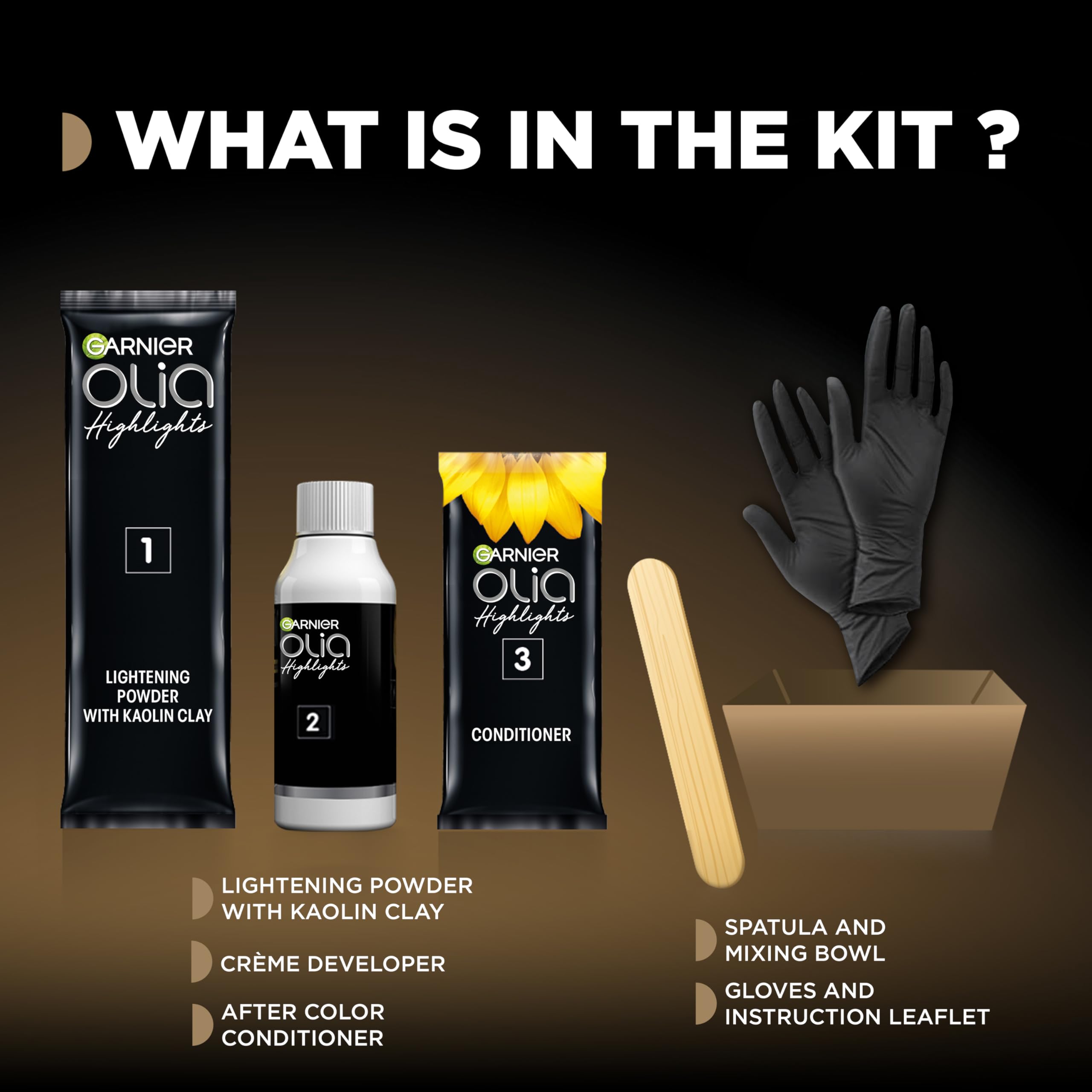 Garnier Olia kit staged in a bathroom lifestyle scene for at-home salon look