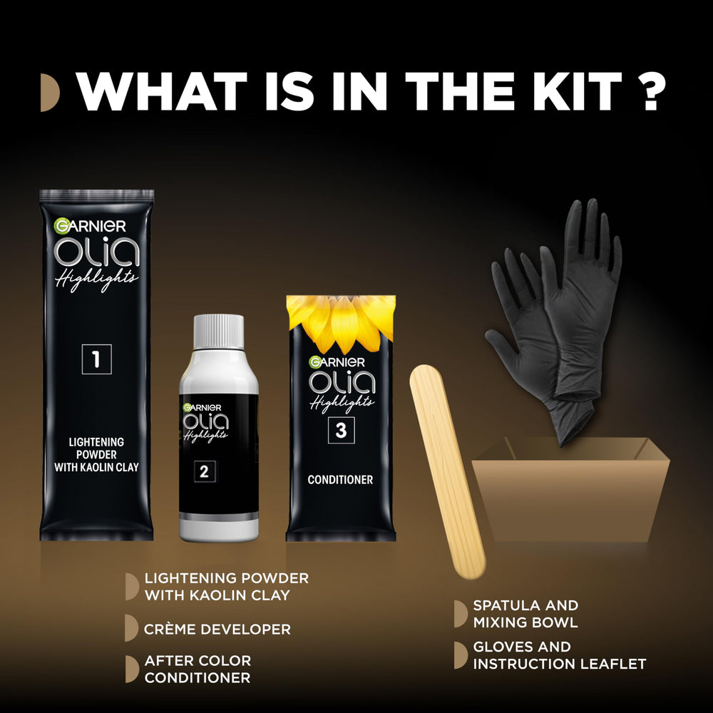 Garnier Olia kit staged in a bathroom lifestyle scene for at-home salon look