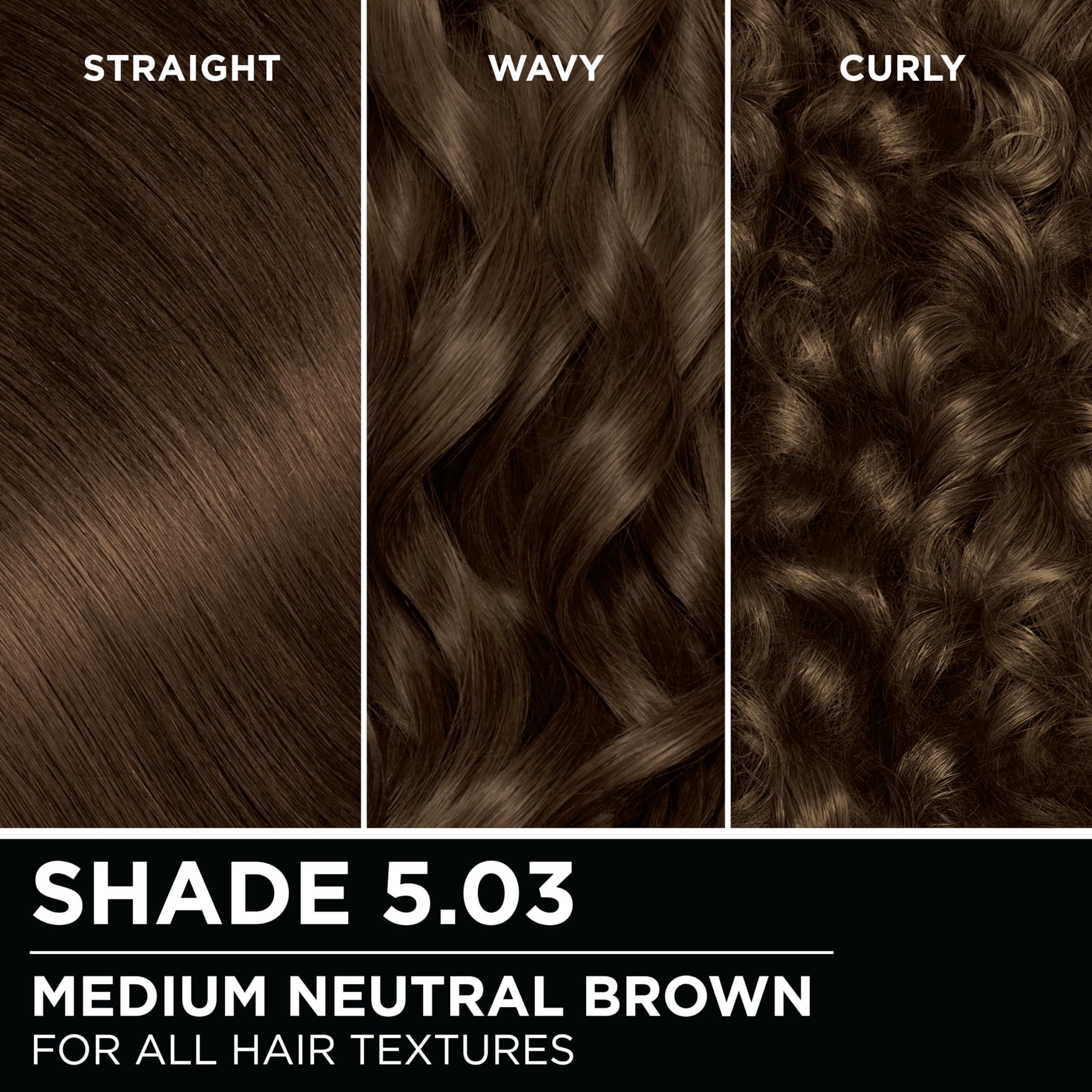Model wearing Garnier Olia 5.03 with shiny, natural-looking medium neutral brown hair