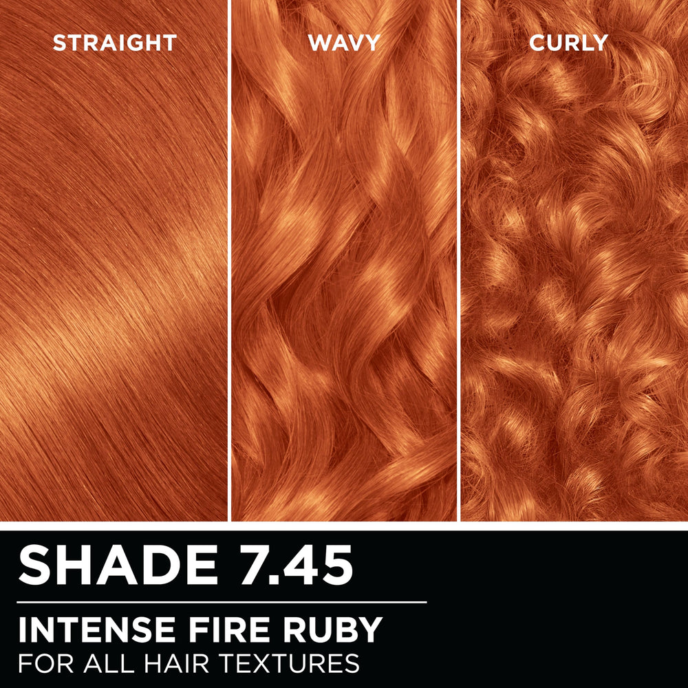 Garnier Olia swatch on long hair showing vivid ruby results