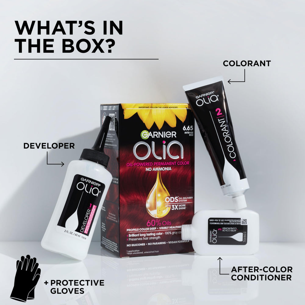 Garnier Olia kit next to a ruler for size and box contents comparison
