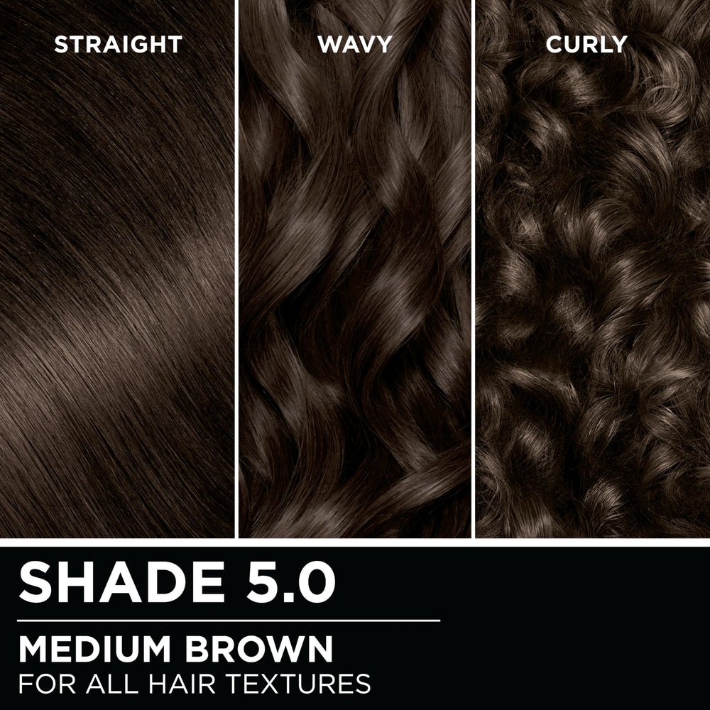 Model hair showing Garnier Olia medium brown shade with glossy finish