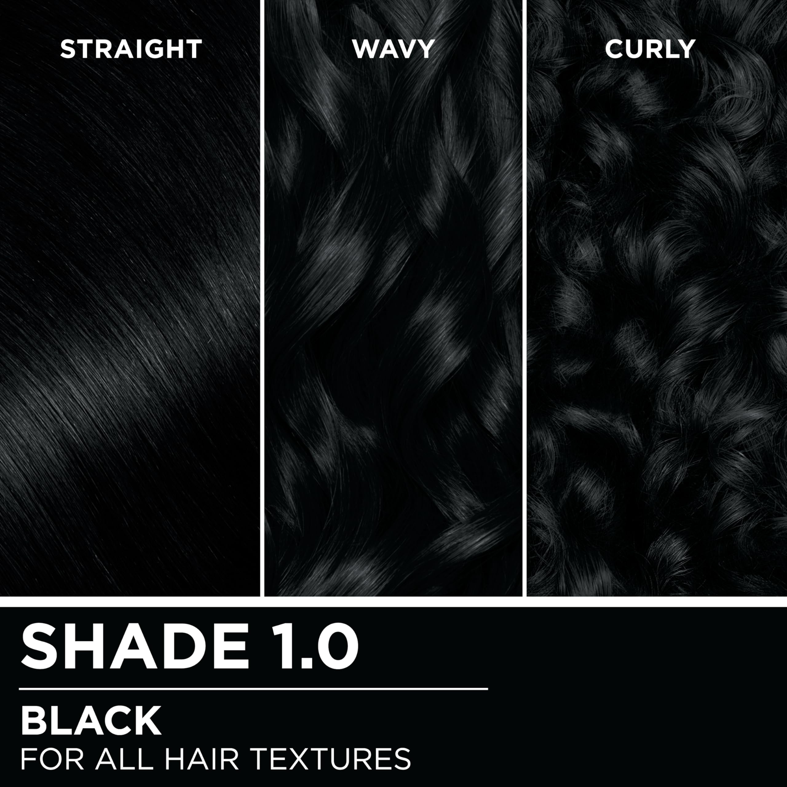 Garnier Olia shade swatch chart for 1.0 Black illustrating true-to-tone color guidance benefit