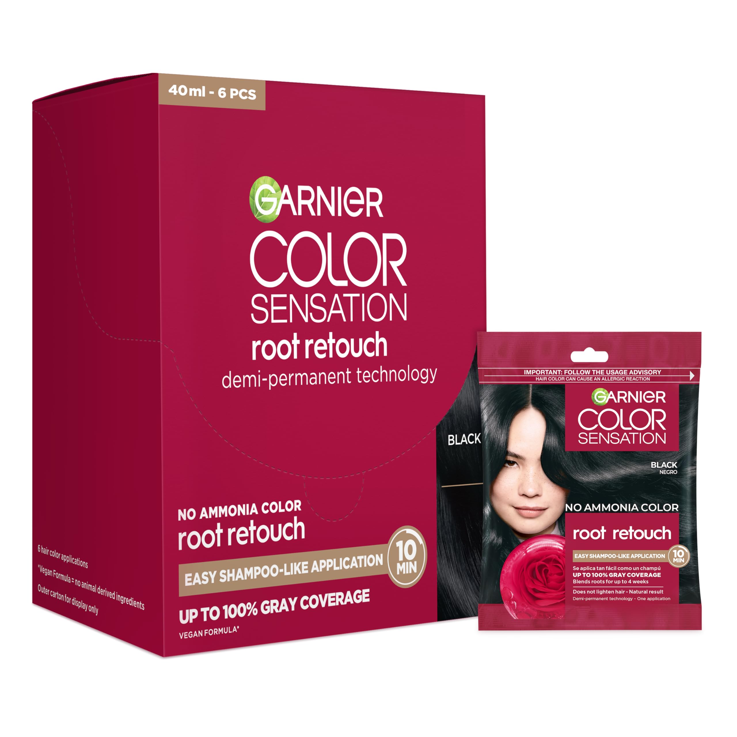 Garnier pack front showing six sachets and black shade benefit quick touch-ups