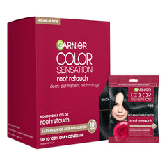 Garnier pack front showing six sachets and black shade benefit quick touch-ups