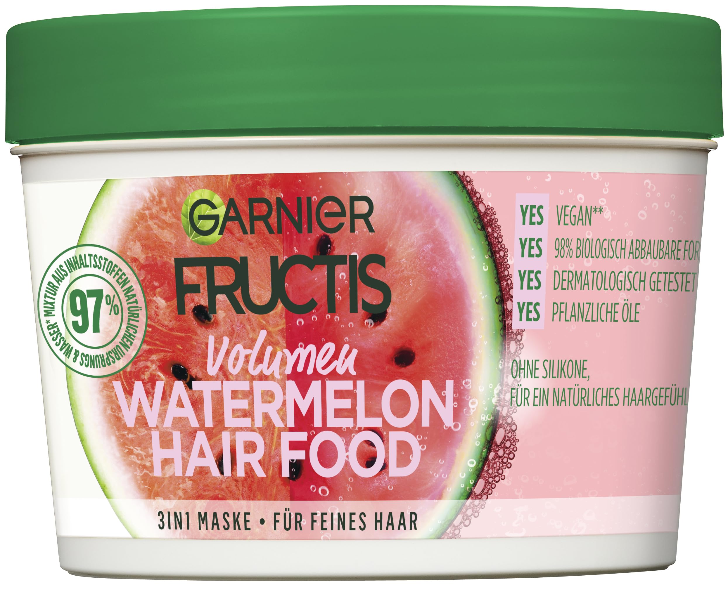 Garnier Fructis Watermelon Hairfood front jar showing label and 390ml size for clear identification