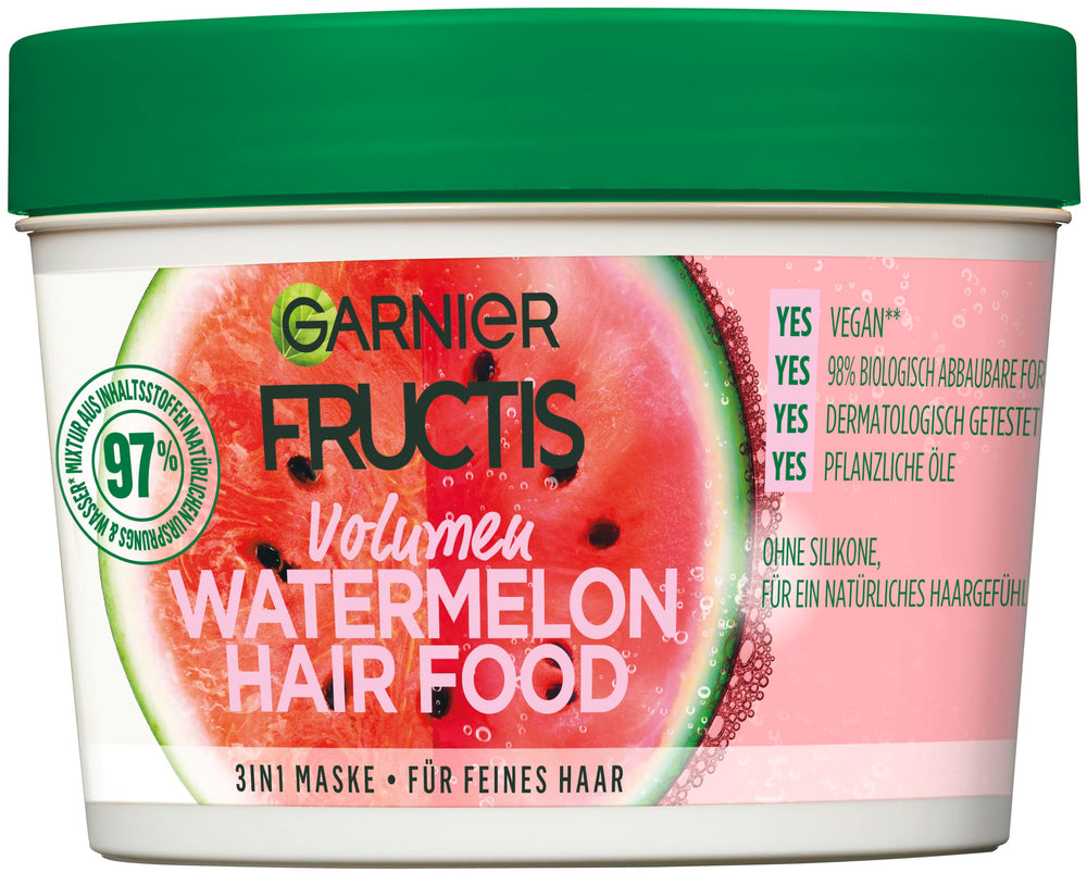 Garnier Fructis Watermelon Hairfood front jar showing label and 390ml size for clear identification