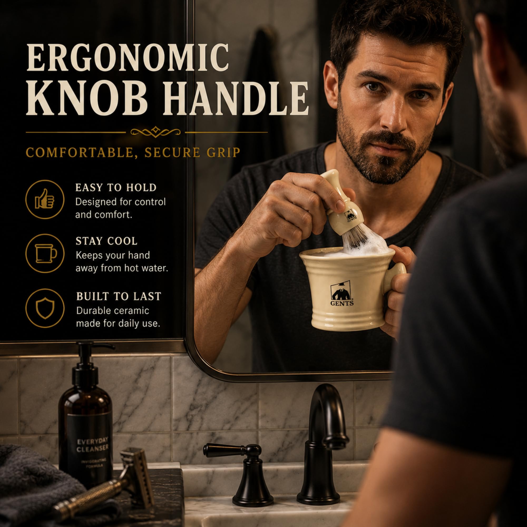 G.B.S shaving brush ergonomic handle in hand demonstrating comfortable grip