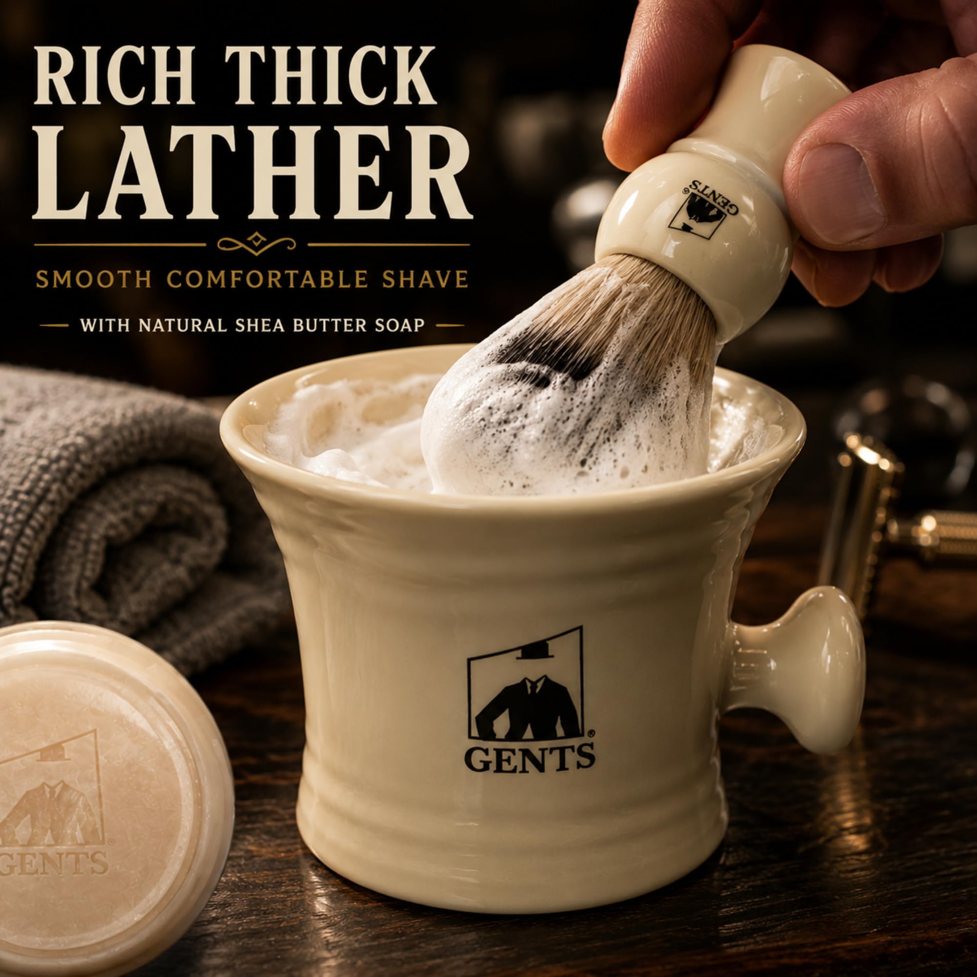 G.B.S dense lather in mug illustrating rich protective foam