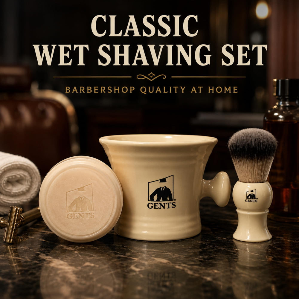 G.B.S shaving kit styled in bathroom showing elevated grooming routine
