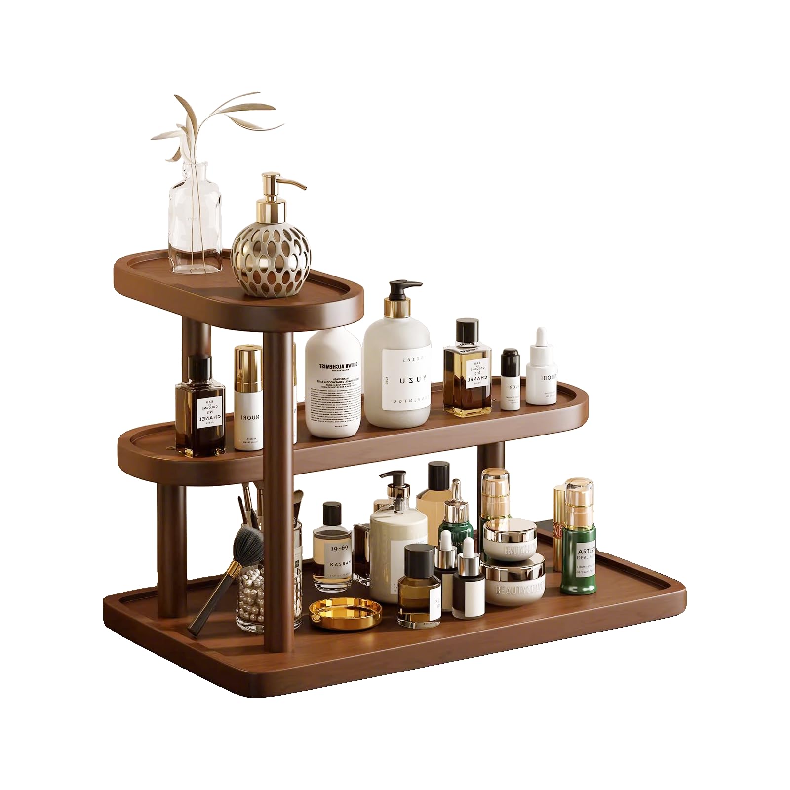 GDQ front view of brown pine organizer showing tidy display benefit