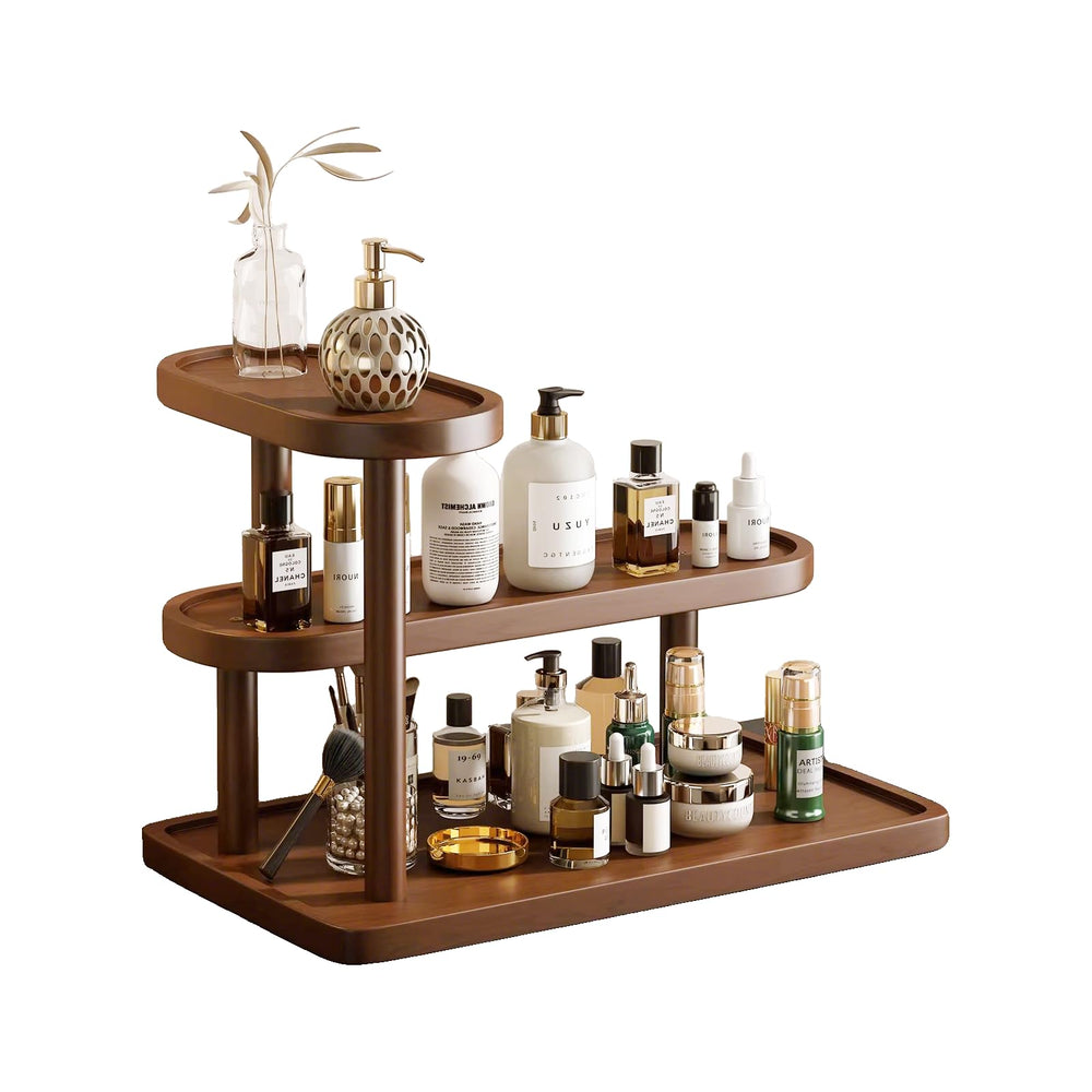 GDQ front view of brown pine organizer showing tidy display benefit