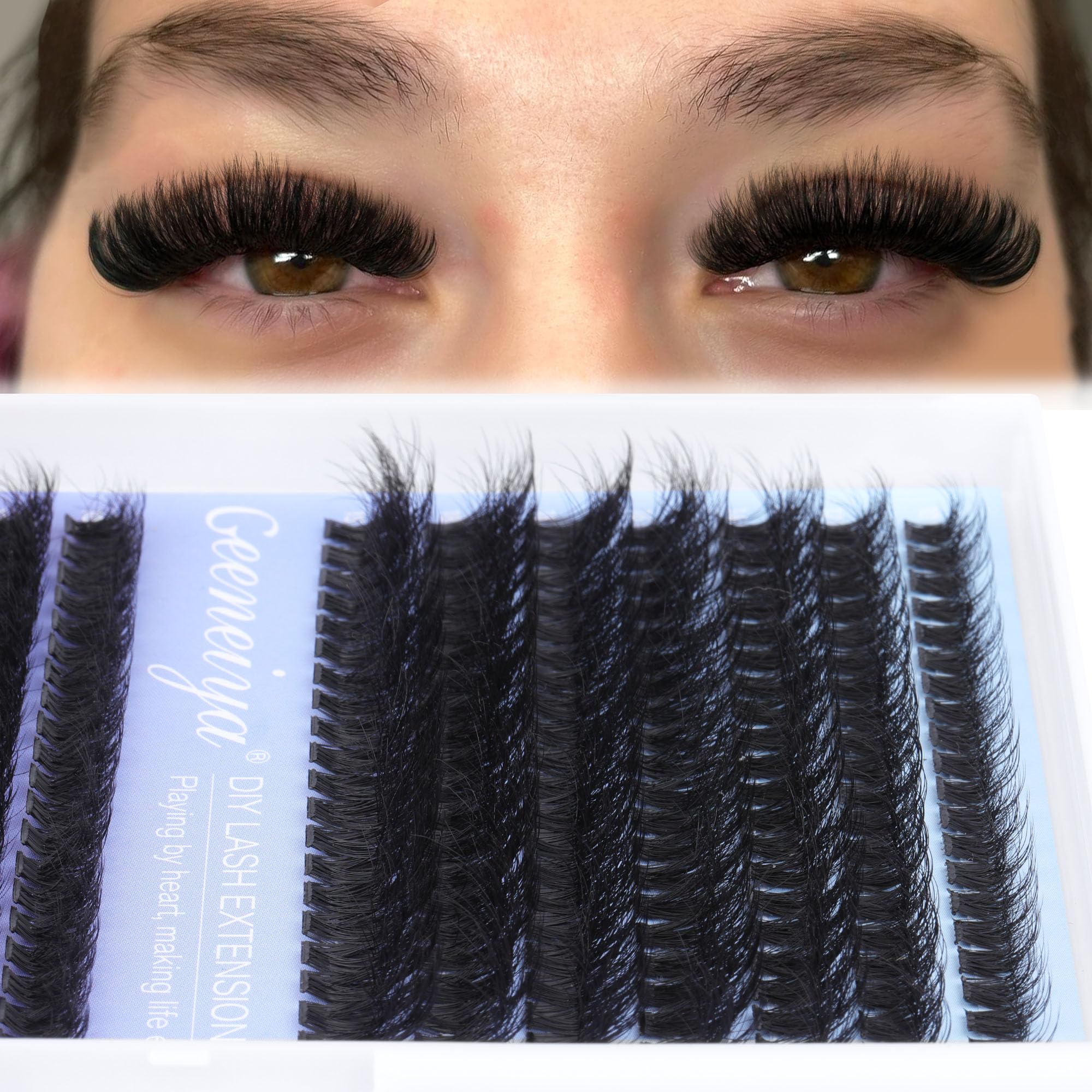 Geeneiya close-up of thick 10–18mm cluster lashes highlighting dense texture