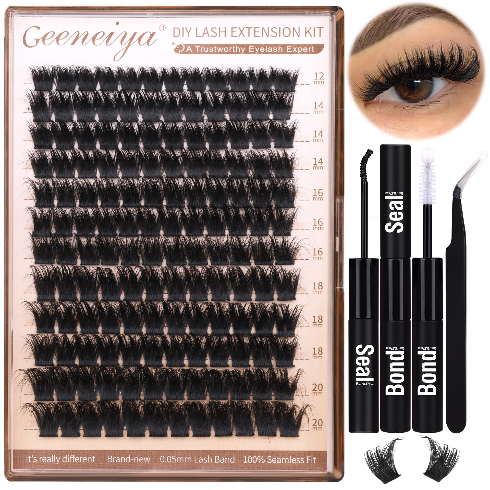 Geeneiya front packaging showing complete 200D lash clusters kit benefit: ready-to-use set