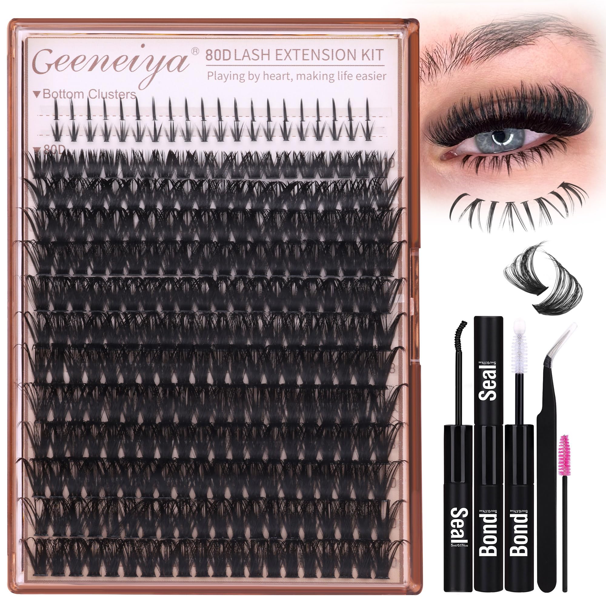 Geeneiya front packaging showing full DIY cluster lash kit and tools for easy styling