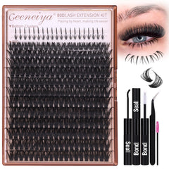 Geeneiya front packaging showing full DIY cluster lash kit and tools for easy styling