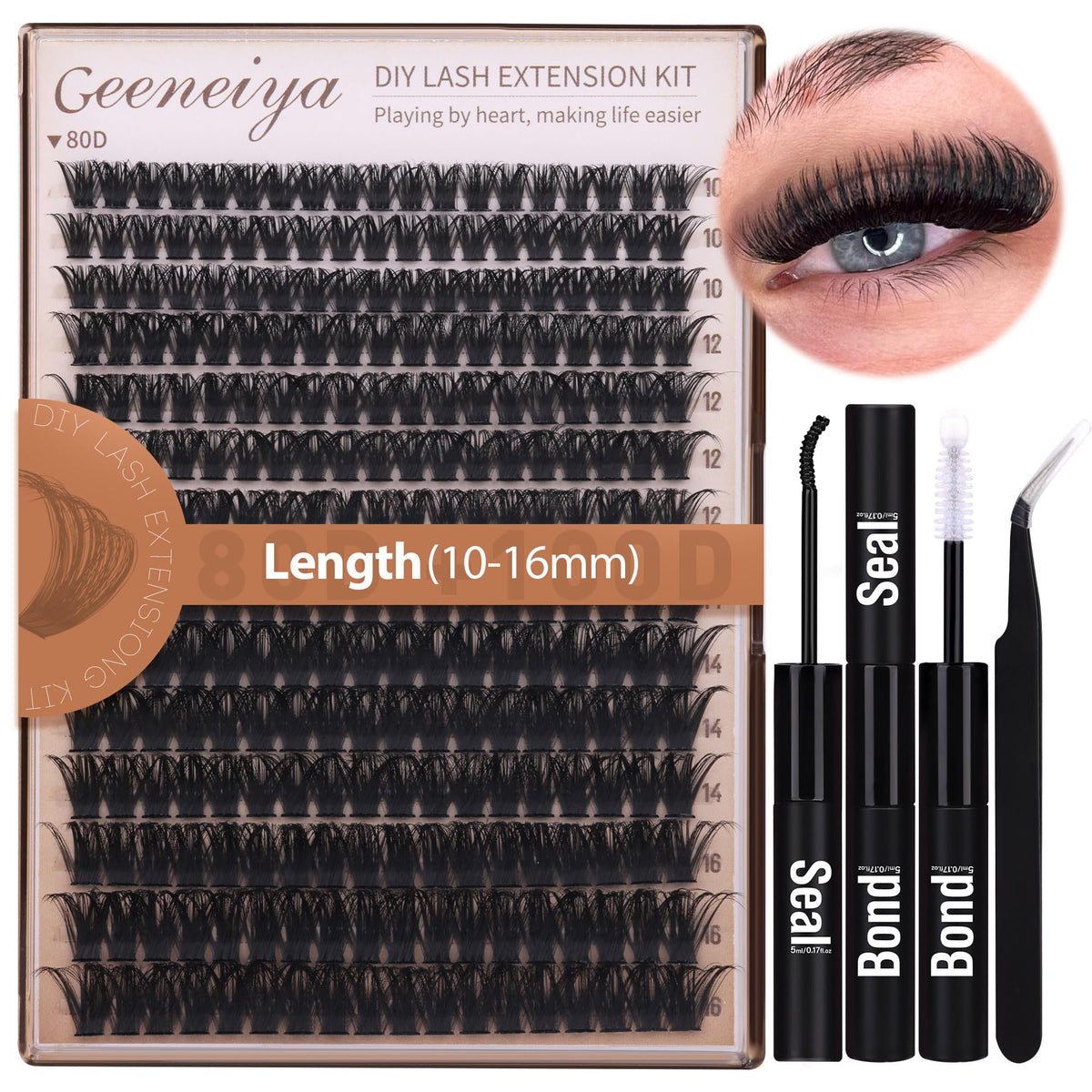 Geeneiya front packaging showing full DIY lash kit and contents