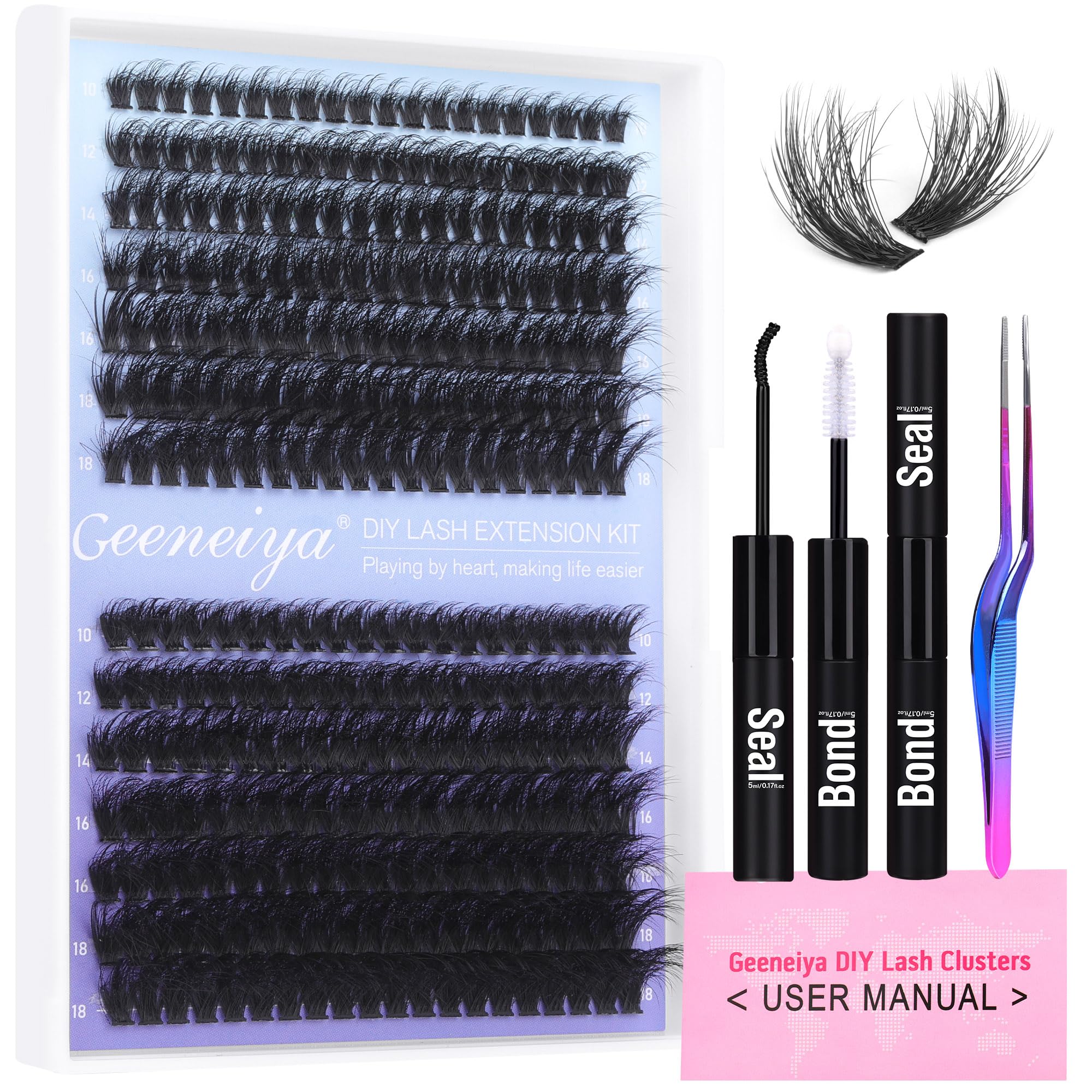 Geeneiya front packaging showing complete lash kit and tools for at-home volume