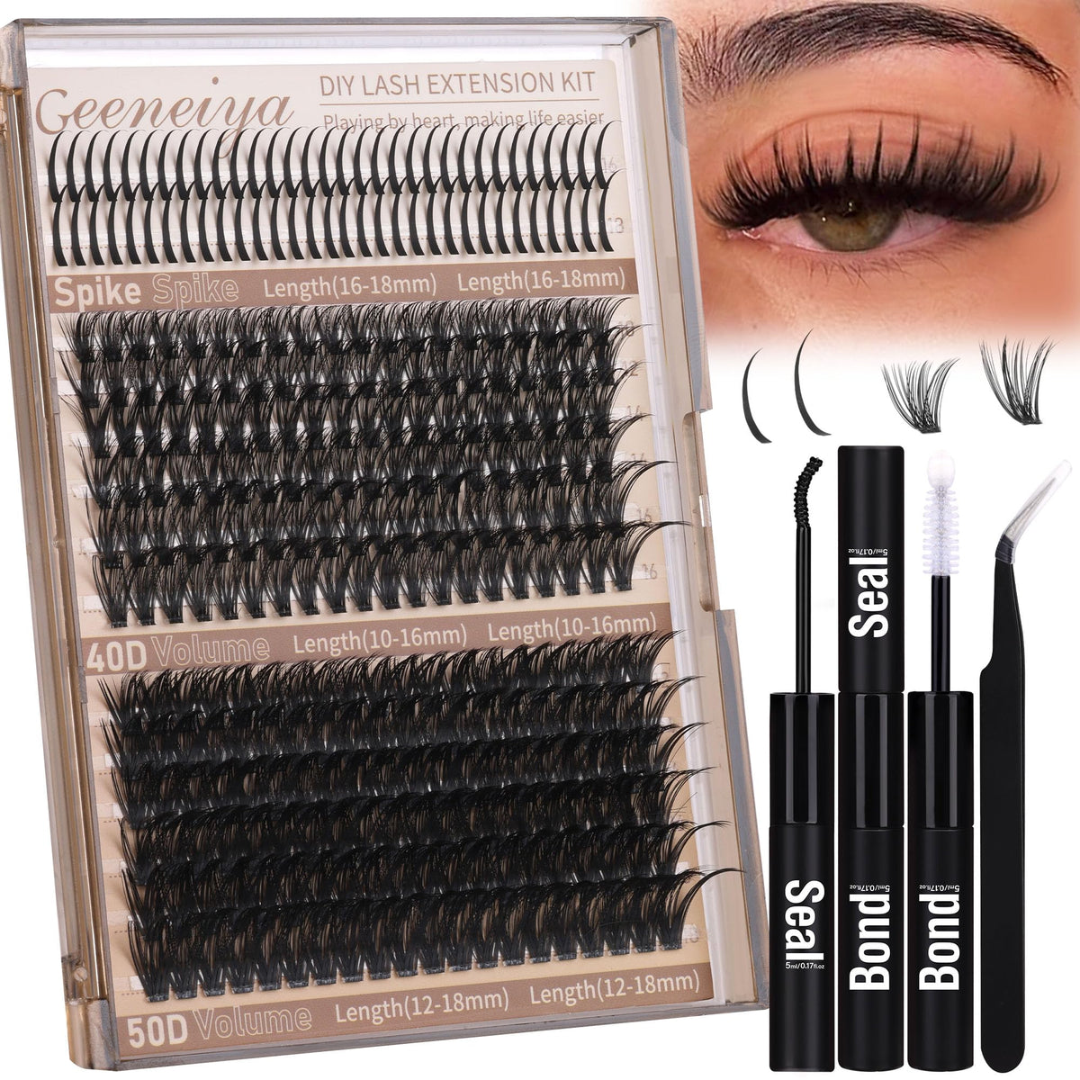 Geeneiya front packaging showing volume lash clusters and accessories for easy styling