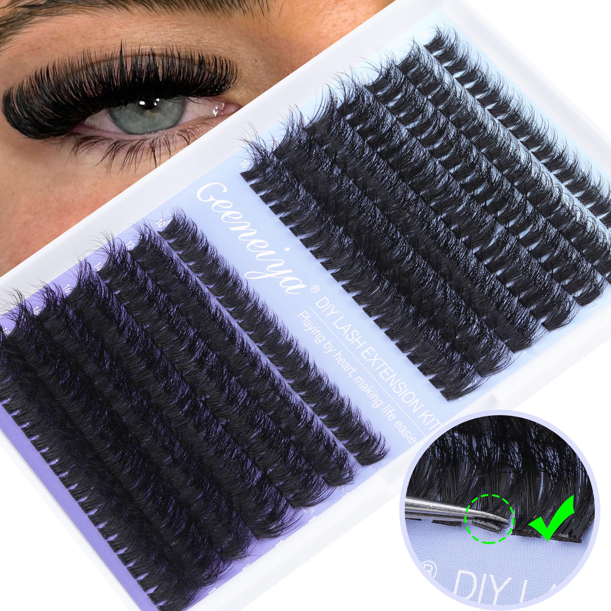 Geeneiya cluster lashes beside coin showing size scale and easy coverage