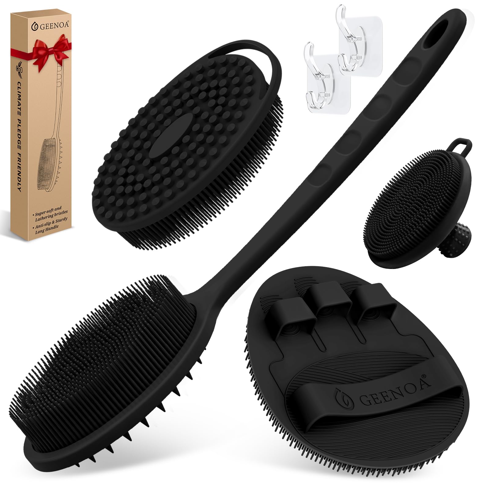 GEENOA back scrubber front view showing ergonomic handle and reach benefit