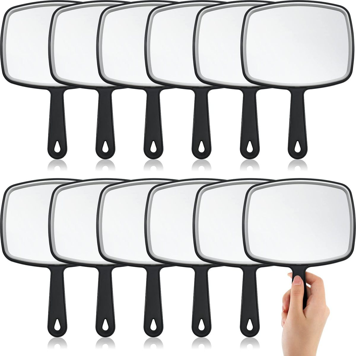 Geetery front view black hand mirror showing full reflective surface and clean frame for clear checks