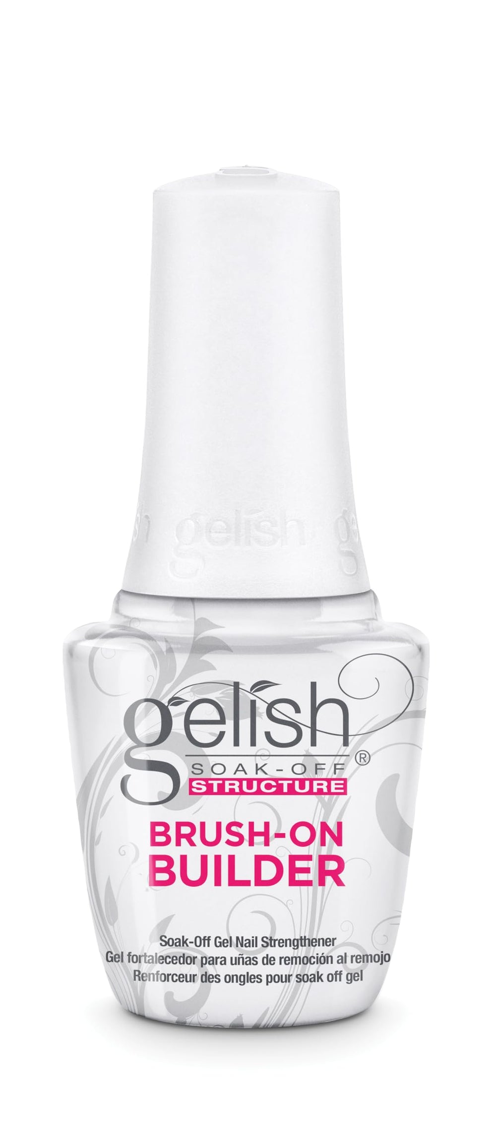 Gelish bottle front view showing clear builder gel and professional label for precise application