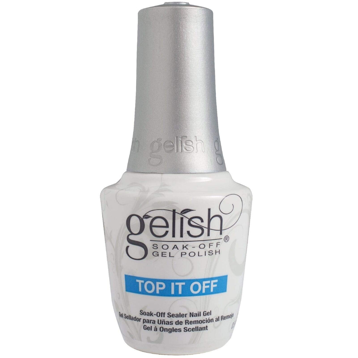 Gelish bottle front packaging showing brand and glossy top coat benefit