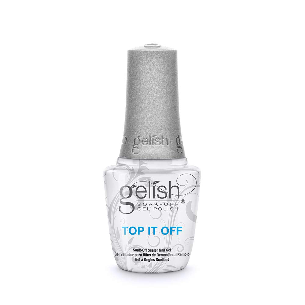Gelish Top It Off front bottle showing label and glossy finish benefit