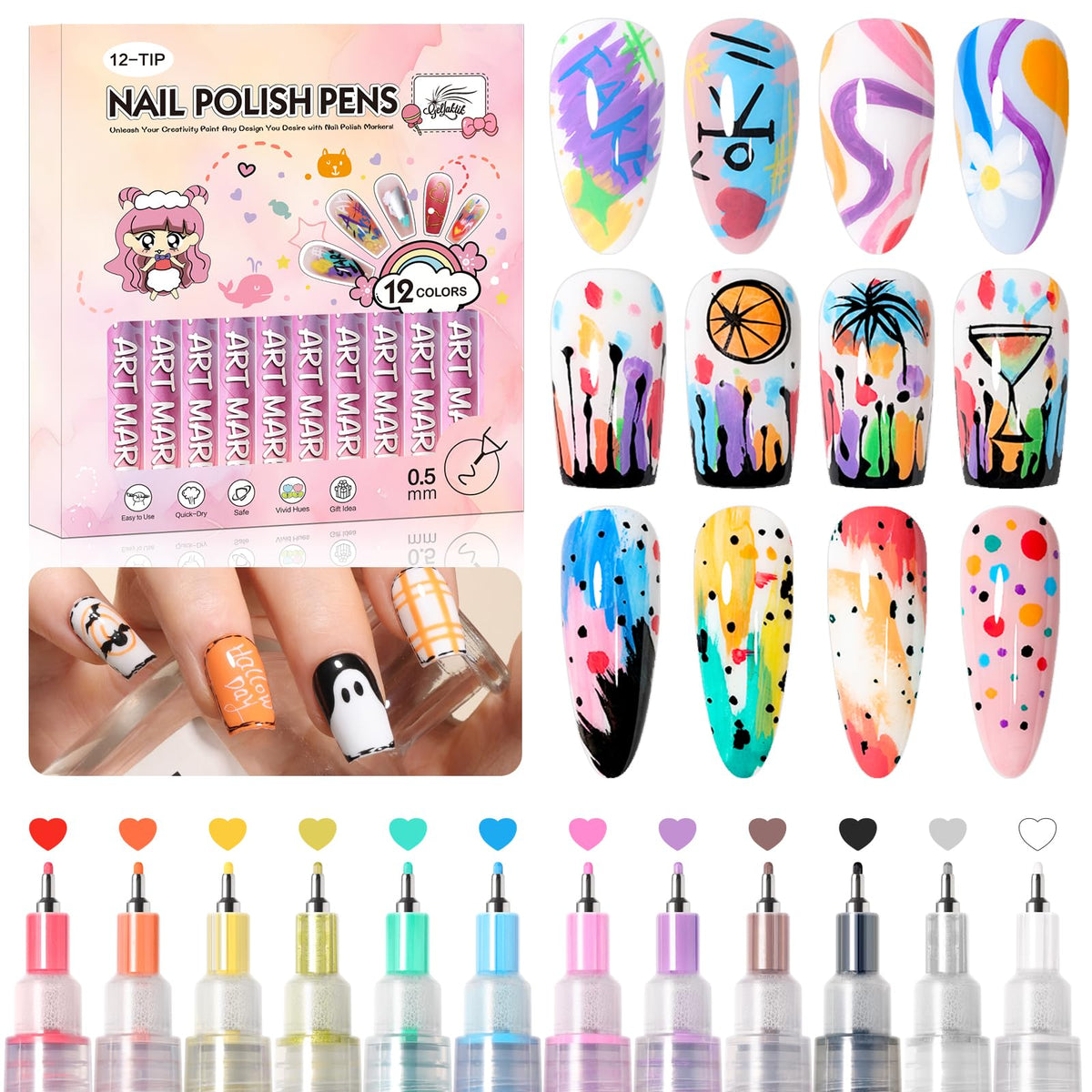 GELLAKTIK front packaging showing 12-color nail art pen set for easy choice