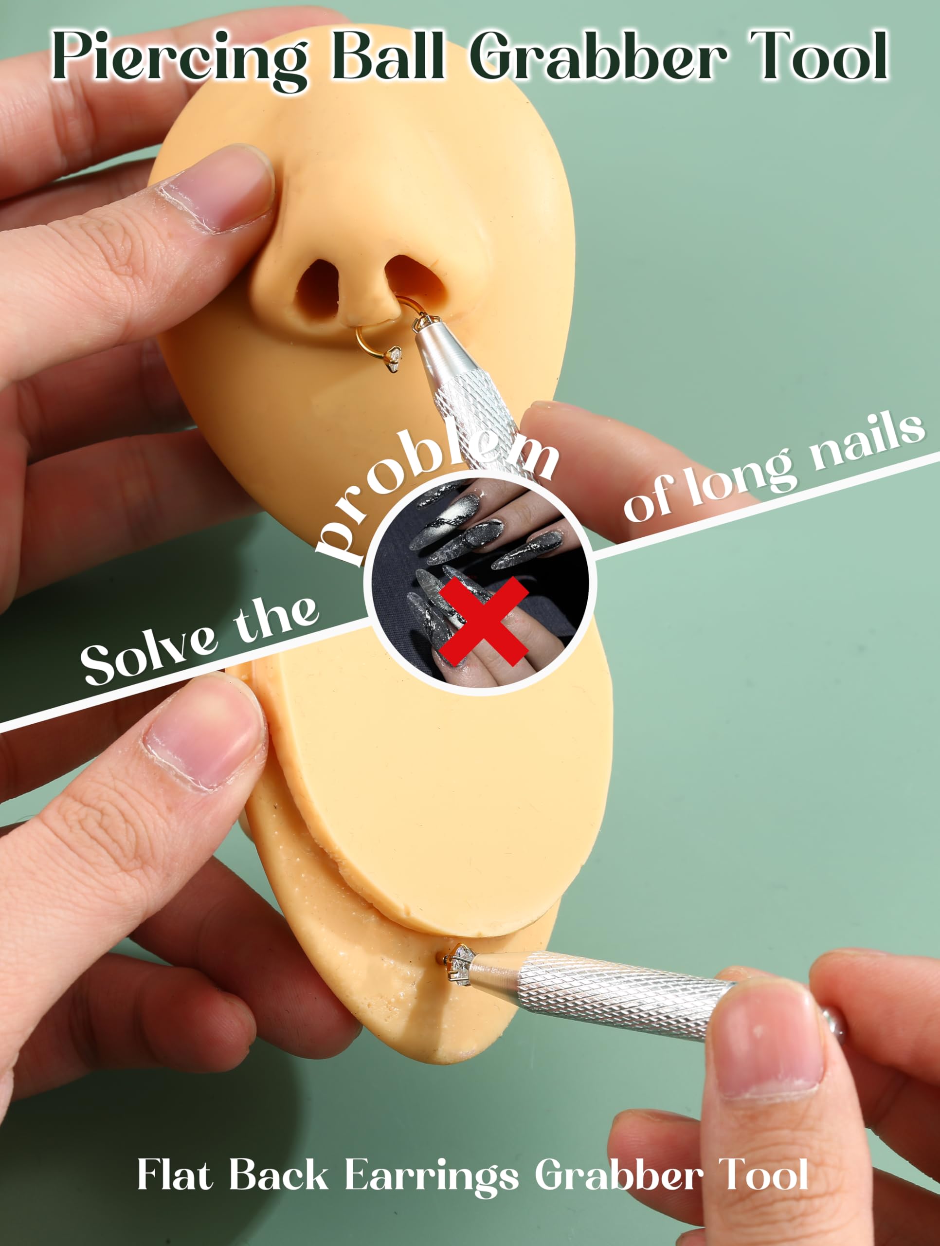 GEMQUEEN clamp in use on earlobe giving stable hold during jewelry changes