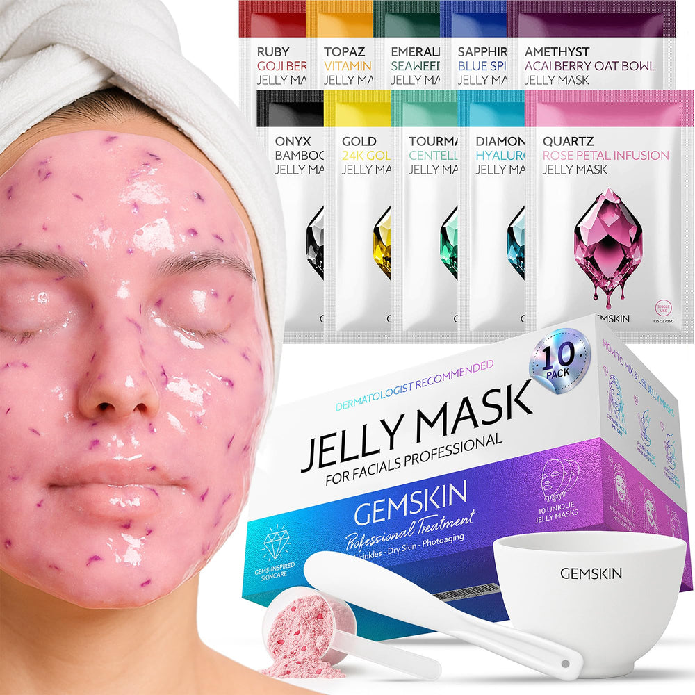 GEMSKIN front packaging showing full 10-mask peel-off kit and benefits