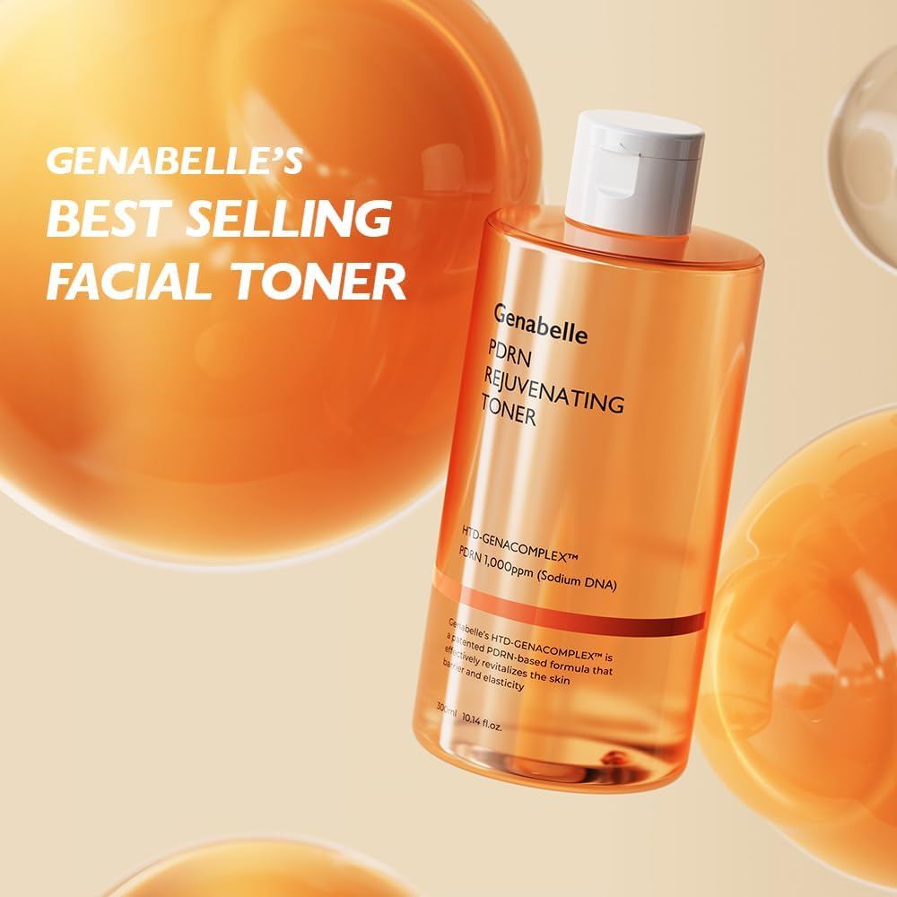 Genabelle PDRN toner staged in bathroom for daily routine and calm skin prep