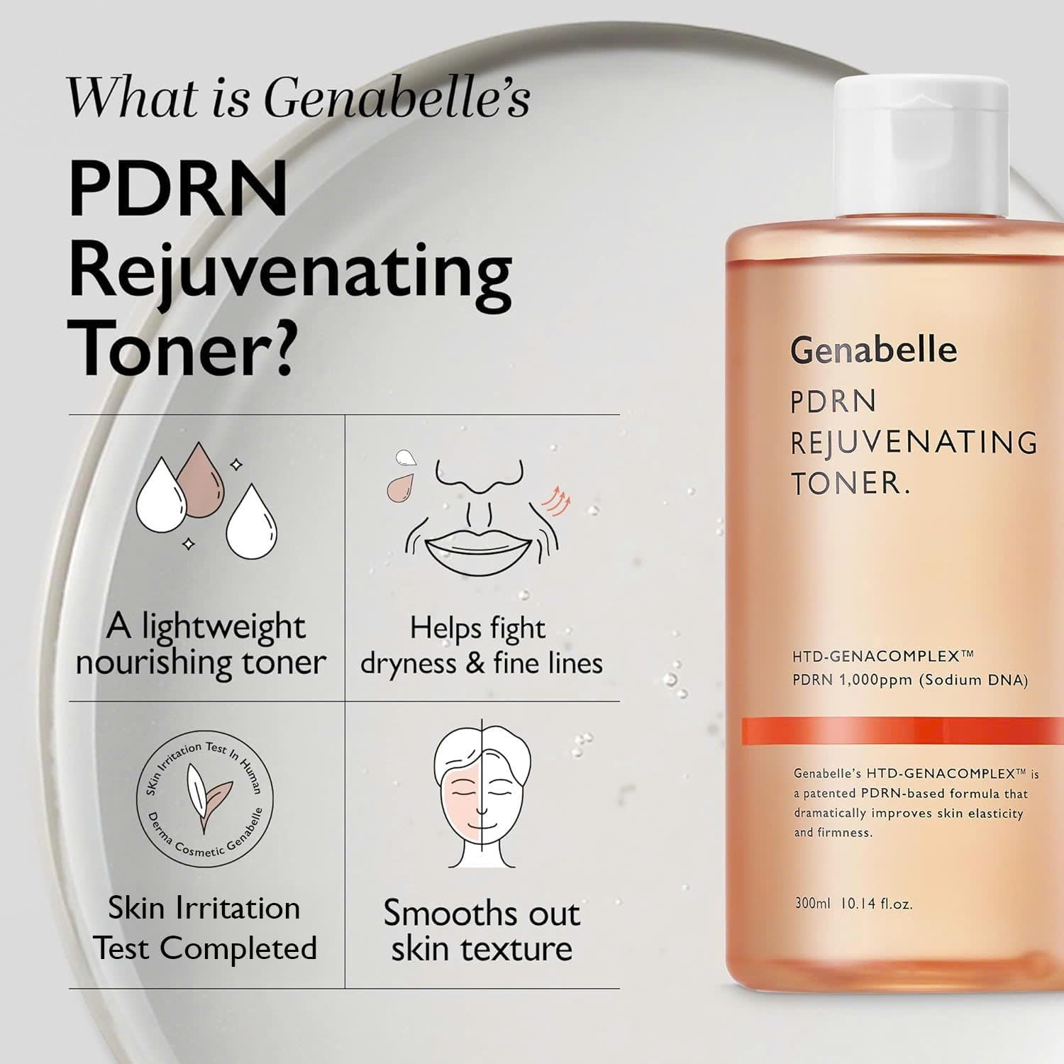 Genabelle PDRN toner held in hand to show 300ml scale and travel-friendly size