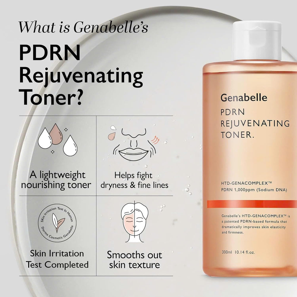 Genabelle PDRN toner held in hand to show 300ml scale and travel-friendly size