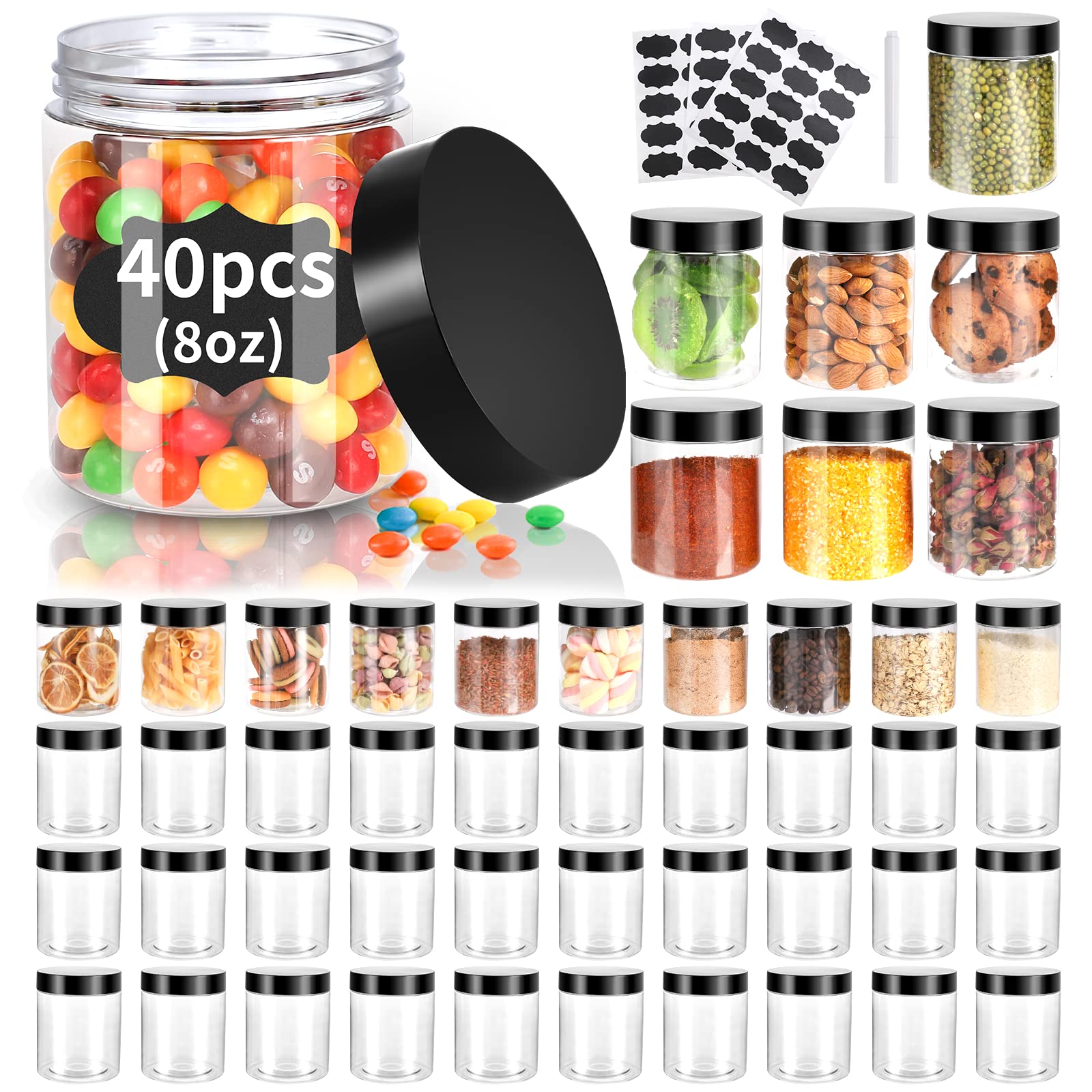 Gencywe clear 8 oz jar front view showing transparent container and black lid for versatile storage