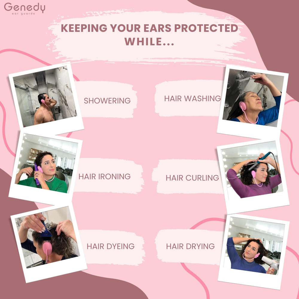 Genedy ear covers worn in shower demonstrating Genedy keeps ears dry