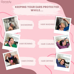 Genedy ear covers worn in shower demonstrating Genedy keeps ears dry