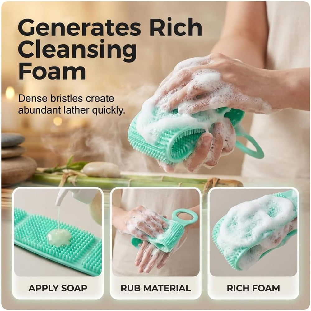 Generic scrubber in use in shower demonstrating full-back reach and effective cleaning