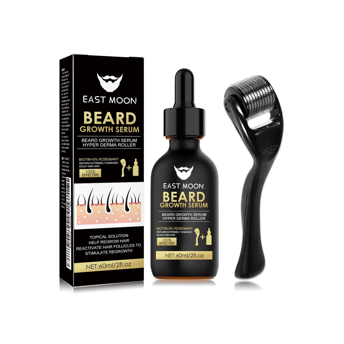 Generic front packaging showing two-bottle beard serum set for easy grooming