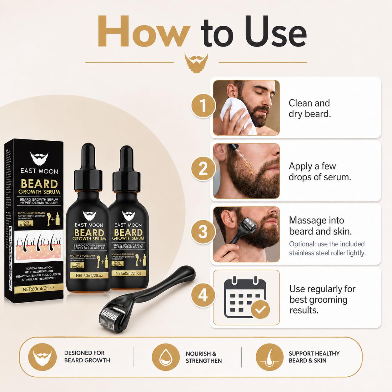Generic stainless steel beard roller detail for even serum distribution benefit